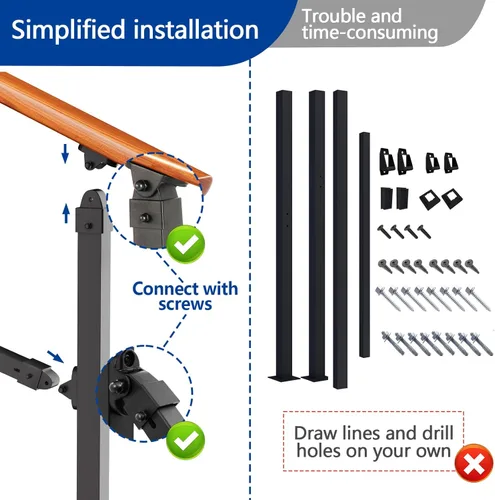 Vista 4 de Kit de pasamanos de escalera al aire libre UOKRR, pasamanos de hierro con grano de madera para interior, se adapta a 1-2 escalones