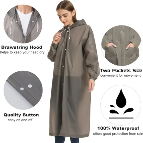 Vista 6 de Besshopie - Impermeable reutilizable, poncho para la lluvia de EVA, unisex, para hombres y mujeres, capa larga para la lluvia