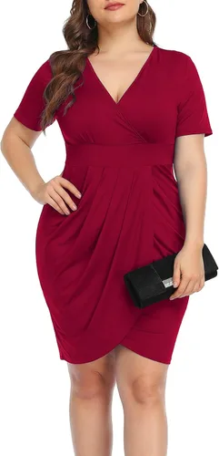 Vista 3 de Poseshe - Vestido cruzado y ajustado bodycon con escote en V profunda y corte en parte frontal de talla extragrande para mujer de manga corta