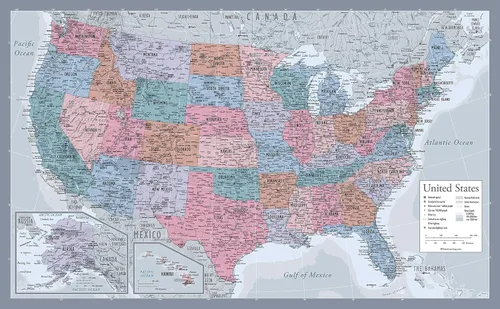 Vista 7 de Póster laminado de mapa de Estados Unidos, gráfico de pared de mapa de EE. UU., fabricado en los Estados Unidos [negro]