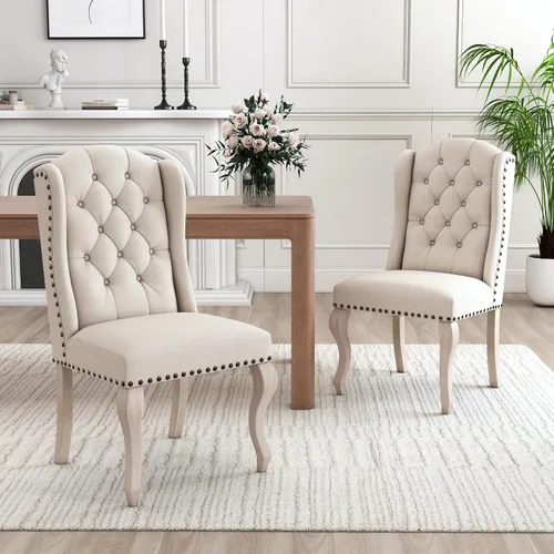 chairus Parsons - Juego de 2 sillas de comedor tapizadas estilo rústico francés con ribete de cabeza de clavo y patas de madera curvas, sillas de