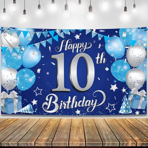 KatchOn, Cartel de feliz cumpleaños número 10 azul y plateado, 72 x 44 pulgadas, decoraciones de cumpleaños número 10 para niños Telón de fondo azul
