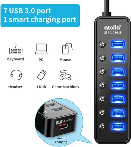 Vista 2 de Hub USB 3.0 alimentado, divisor de concentrador de datos USB de 7 puertos Atolla con un puerto de carga inteligente e interruptores individuales