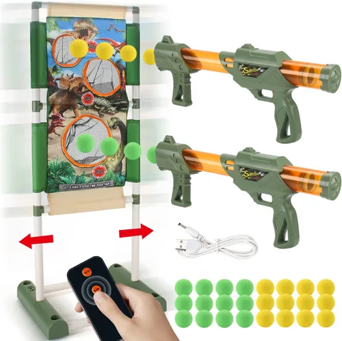 Vista 6 de Juego de disparos y lanzadores de espuma de juguete de dinosaurio para niños, pistolas de aire (24) bolas de espuma suave y objetivo móvil