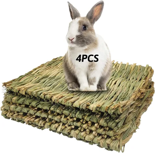 Vista 8 de Hamiledyi Alfombrilla de césped tejida para animales pequeños, 4 piezas de ropa de cama de conejito grande, juguete para masticar, juguete de cama