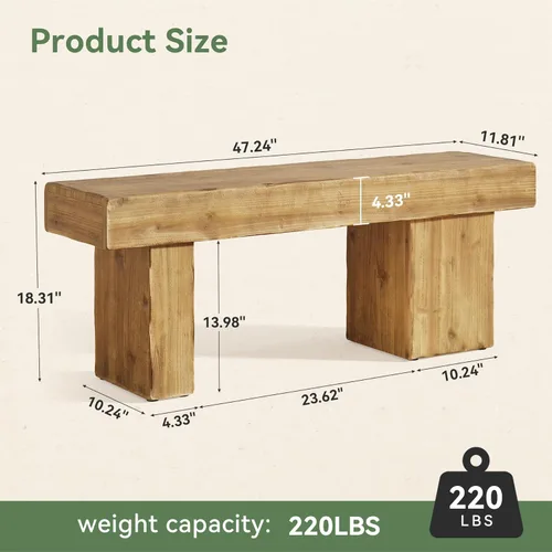 Vista 2 de Banco de Madera Maciza Engrosada, Banco de Entrada Rústico Estilo Granja de 47", con Patas Artísticas, Banco de Comedor de Servicio Pesado