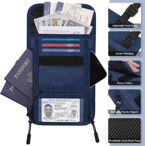 Vista 3 de Cartera de viaje para el cuello con bloqueo RFID, bolsa de cuello para pasaporte para hombres y mujeres, cartera de seguridad oculta para pasaporte