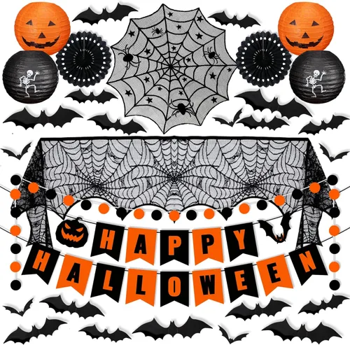 Vista 6 de DMIGHT Juego de decoraciones de Halloween para interiores, faroles de papel y abanicos, bufanda de chimenea de chimenea, alfombra de telaraña