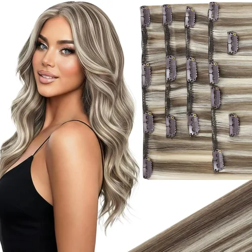 Vista 55 de Ve Sunny Extensiones de cabello humano real con clip balayage, color marrón castaño degradado a rubio, 12 pulgadas, 5 unidades, 2.82 onzas