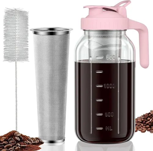 Vista 11 de Jarra de cafetera de infusión fría, jarra de vidrio de albañil de 32 oz con pico y tapa gruesa con asa y filtro de acero inoxidable para café