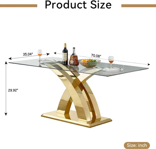 Vista 18 de Mesa de comedor de vidrio de 70 pulgadas para 4-8 personas, parte superior de vidrio templado y base de acero inoxidable en U dorada, escritorio