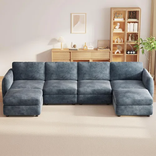 Vista 113 de Guyii Sofá modular de terciopelo, moderno sofá de 4 plazas de gran tamaño con 3 almohadas y reposapiés de almacenamiento, sofá convertible de 115.74