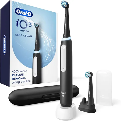 Oral-B iO Deep Clean Cepillo de dientes recargable eléctrico, negro con iO Series 3 Limited, 2 cabezales de cepillo y estuche de viaje - Sensor de
