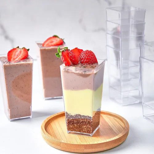 Vista 5 de TOFLEN Paquete de 100 mini tazas cuadradas de postre de 3 onzas con cucharas de plástico transparente para fiestas, yogur, parfait, pastel de queso
