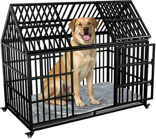 Vista 7 de Jaula de alta resistencia para perros grandes, 58 pulgadas extra grande para interiores, jaula de techo para perros con alta ansiedad
