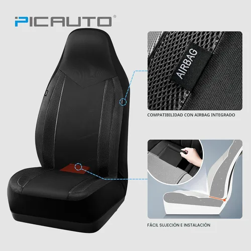 Vista 3 de Pic Auto Fundas de asiento de automóvil de respaldo alto,cuero sintético, compatible con bolsa de aire, ajuste universal, Negro