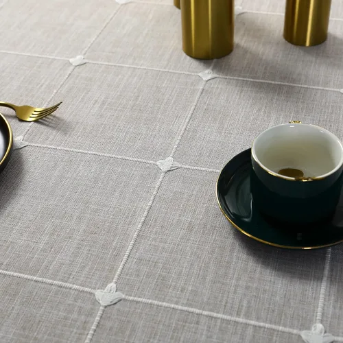 Vista 6 de Mantel ovalado de celosía con bordado rústico de tela de lino de algodón a cuadros para cocina, comedor, fiesta, decoración de mesa, 53 x 72