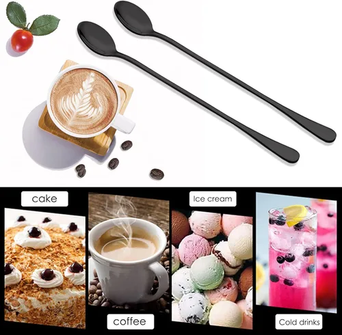 Vista 4 de DaKuan - Juego de 6 cucharaditas de té helado de acero inoxidable de 9 pulgadas para té helado, café, cóctel, batido, bebida fría (negro)