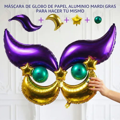 Vista 4 de Kit de arco de guirnalda de globos de Mardi morado, verde y dorado con cortina de flecos, máscara de corona de estrella y globos de máscara