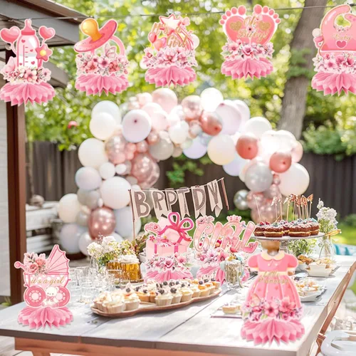 Vista 4 de 9 piezas de decoración rosa para baby shower, centro de mesa de nido de abeja floral, decoración de mesa de anuncio de embarazo para niña