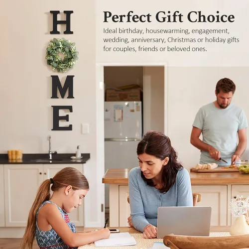 Vista 3 de Letras de madera para el hogar con corona de eucalipto artificial moderno decorativo colgante de casa de campo para sala de estar y cocina