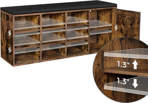 Vista 6 de VASAGLE Shoe Bench, Storage Bench with Cupboard and 9 Open Compartments, Shoe Shelf, Padded Seat, Barn Door, 11.8 x 43.3 x 18.9 Inches, Rustic Brown