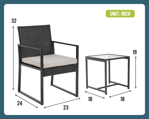 Vista 7 de FDW Juego de 3 muebles de patio al aire libre, sillas de mimbre de ratán para patio, césped, balcón, piscina, patio, color negro
