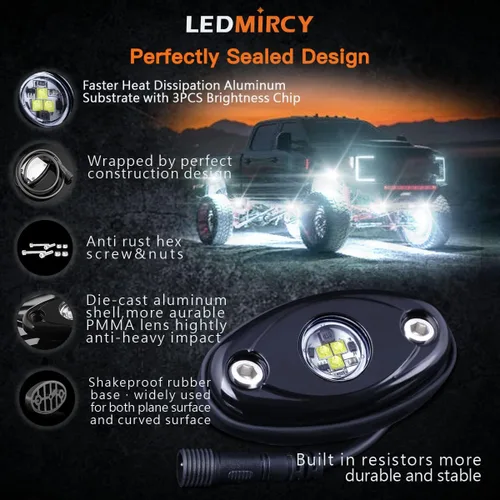 Vista 4 de LEDMIRCY R1 - Kit de luces de roca blanca pura con interruptor de arnés de cable, 12 luces LED superbrillantes blancas para camiones todoterreno