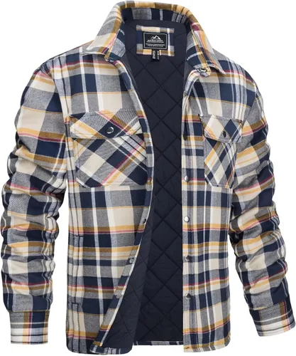 MAGCOMSEN Chaqueta tipo camisa de franela para hombre con forro acolchado de manga larga a cuadros, con botones, gruesa, para invierno