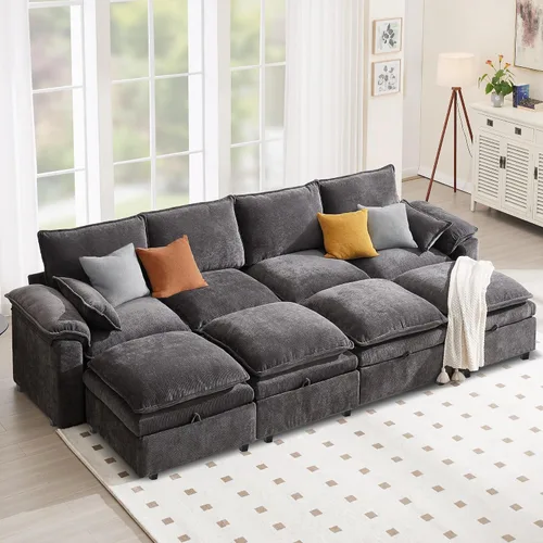 Vista 14 de Sofá Seccional Modular en Forma de L de 100", Sofá con Almacenamiento Otomano, Sofá Nube de Chenilla con Asientos Profundos y Mullidos para Sala