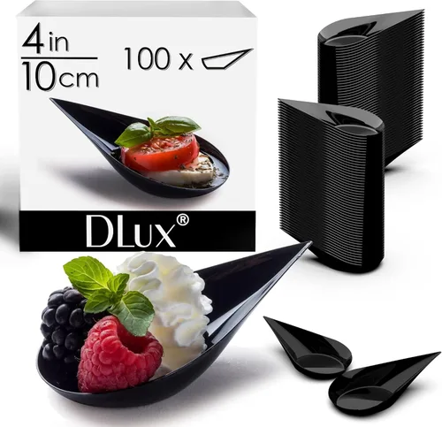 Vista 2 de DLux 100 platos mini de aperitivo en forma de gota de 4 pulgadas, cucharas reutilizables de plástico negro - Platos para servir postres y aperitivos