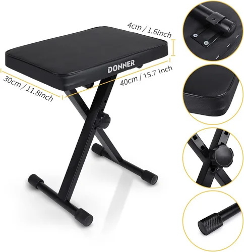 Vista 5 de Donner Banco de piano, banco de teclado ajustable, taburete portátil, silla plegable, asiento plegable, estilo X, 1.6 pulgadas de grosor acolchado