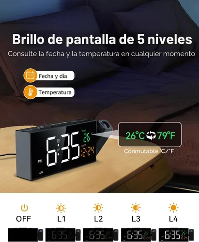 Vista 4 de Netzu Reloj de proyección para techo de dormitorio, despertador, color Blanco y RGB