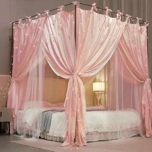 Vista 4 de AIOOO Dosel de Cama con Cortina de Princesa de 4 Postes de Doble Capa Cómoda Mosquitera de Malla y Tela para Niñas Adultas Decoración de Dormitorio