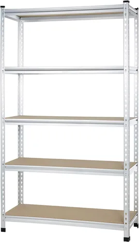 Vista 11 de Amazon Basics - Estantería de almacenamiento de resistencia media de doble poste, 5 niveles, tablero prensado, aluminio, 36 x 18 x 72 Servicio