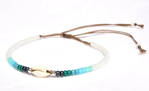 Vista 9 de Tobillera de concha para mujeres, pulsera de tobillo con cuentas de concha cowrie natural ajustable e impermeable, cuentas azul turquesa aqua