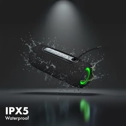 Vista 9 de Fisher Altavoces Bluetooth portátiles IPX5 impermeable altavoz, 14 W de potencia máxima estéreo Bluetooth altavoz, luces RGB, TWS, BT 5.3, micrófono