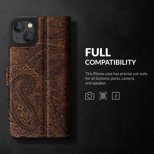 Vista 4 de SURAZO Funda de piel tipo cartera para Apple 14 – RFID 3 ranuras para tarjetas y bolsillo para efectivo – Cierre magnético seguro y función