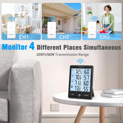 Vista 11 de Geevon Termómetro inalámbrico para interiores y exteriores con 3 sensores remotos, (negro)