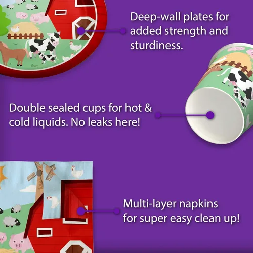 Vista 5 de Set de artículos para fiesta de cumpleaños de animales de granja y granero, platos, servilletas, vasos y utensilios para 16 invitados