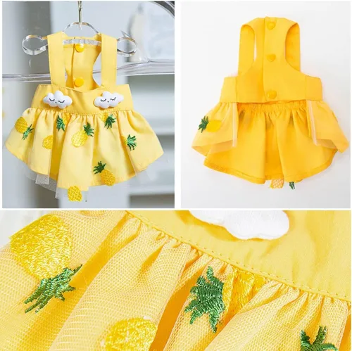 Vista 4 de Vestido para perro con manga abombada, amarillo limón, girasol, piña, a cuadros, ropa de verano para perros pequeños y niñas