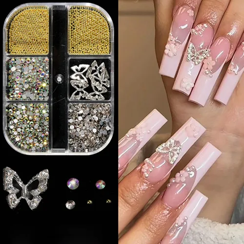 Vista 6 de Dijes de aleación 3D de mariposa para uñas, mariposas acrílicas 3D, diamantes de imitación con perlas, cuentas de caviar, diseño de cristal
