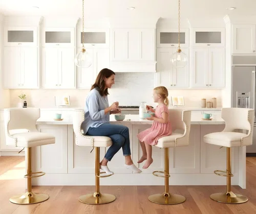 Vista 10 de ROCITY Juego de 2 taburetes de bar color beige con respaldo de piel sintética con base dorada, isla de cocina moderna ajustable para comedor, barra