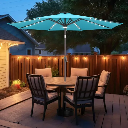 Vista 7 de FLAME&SHADE Paraguas de mesa de patio al aire libre con inclinación, LED de 7.5 pies, LED de 10 pies