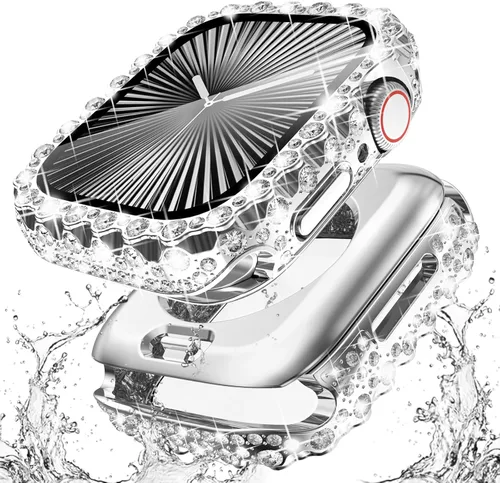 Vista 19 de Surace 2 en 1 Carcasa Brillante Impermeable Compatible con Apple Watch Series 6 5 4 SE 40mm Protector de Pantalla, Borde de Encaje Diamante