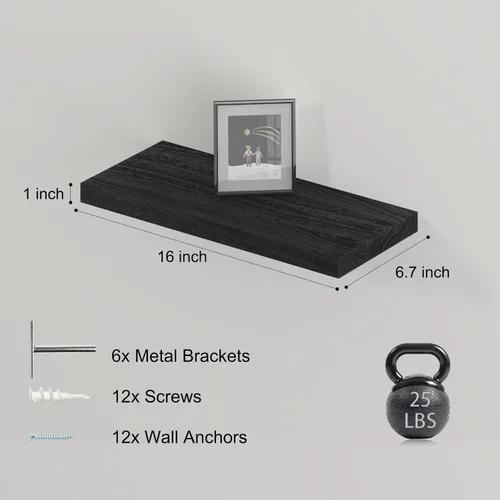 Vista 2 de Estantes flotantes de pared de madera maciza, almacenamiento para dormitorio, sala de estar, juego de 3, estantes de pared negros rústicos