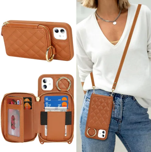 Vista 49 de Funda tipo cartera tipo bandolera para iPhone 11, de piel sintética, con cremallera, tipo cartera, con función atril, con ranuras para tarjetas