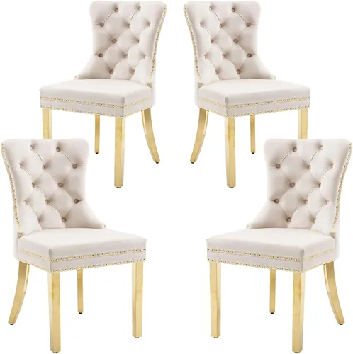 Vista 37 de KCC Juego de 6 sillas de comedor de terciopelo, silla de comedor tapizada de alta gama con respaldo acolchado, anillo de tracción de cabeza de Beige
