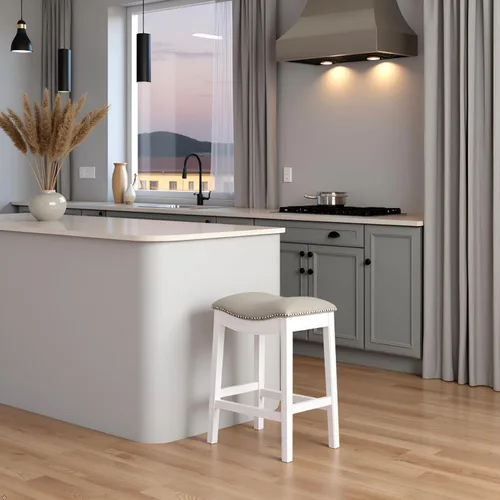 Vista 34 de Williston Taburete de altura de mostrador, asiento de sillín sin respaldo de 26 pulgadas de alto con tapicería similar al lino, marco de madera