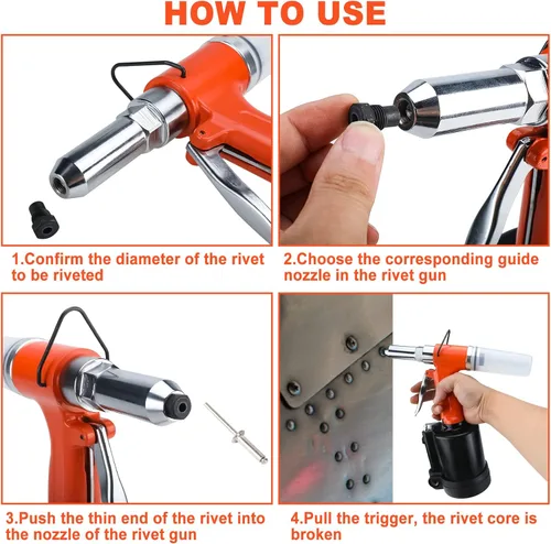 Vista 5 de KUNTEC Herramienta de remache neumática profesional de alta resistencia hidráulica con piezas de nariz de 1/4" 3/16" 5/32" 1/8